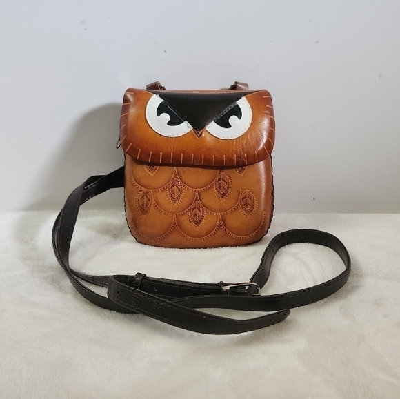 Owl Eyes Tan Genuine Cowhide Leather Crossbody Shoulder Bag Pouch Purse - Picture 1 of 12